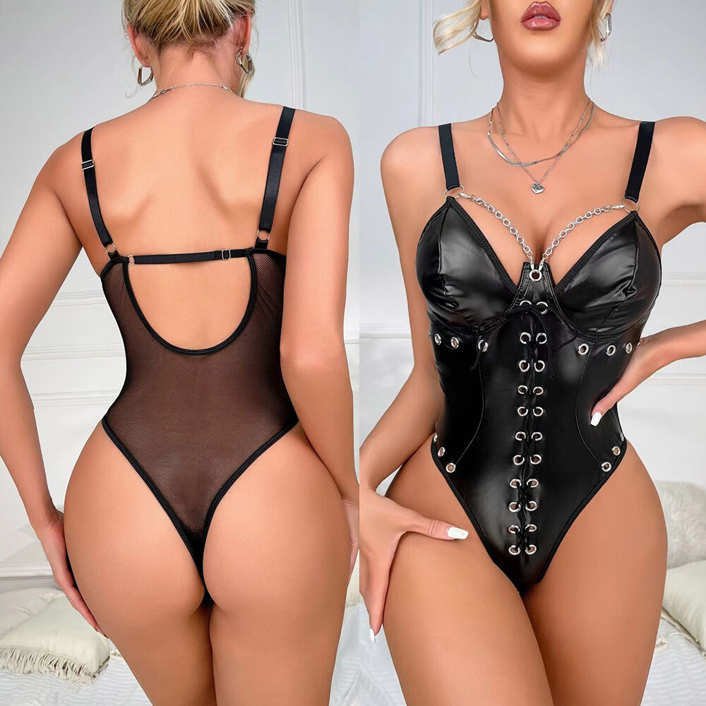 Sexy Black Womens PU Leather Mesh Bodysuit V-Neck Clubwear Lingerie