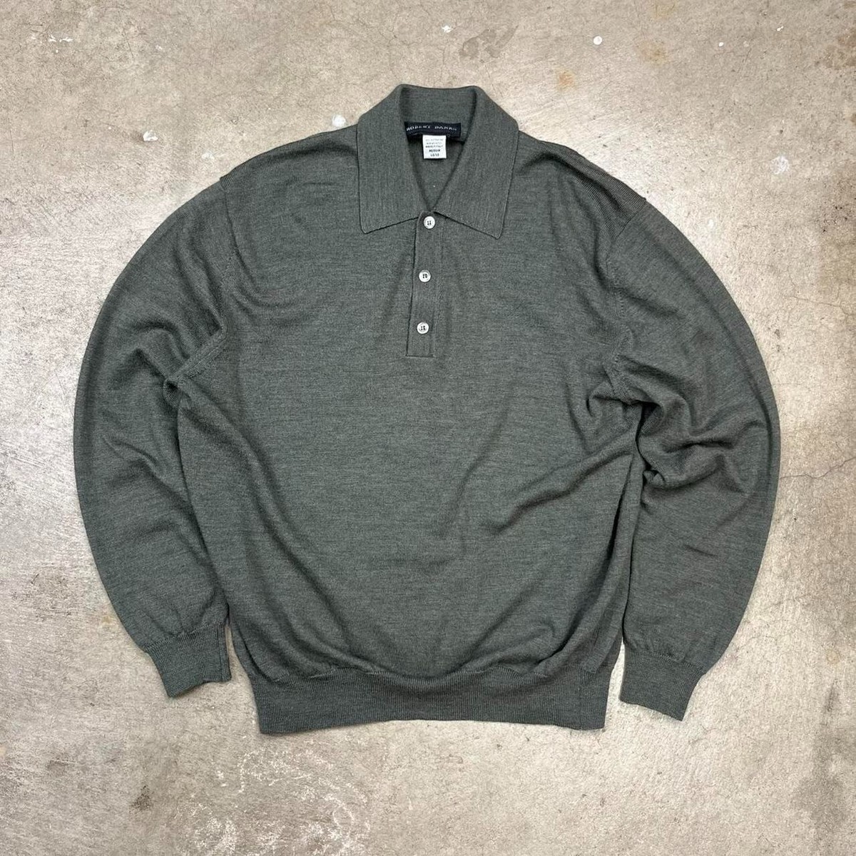 Vintage Merino Wool knit polo shirt long sleeve green mens medium 