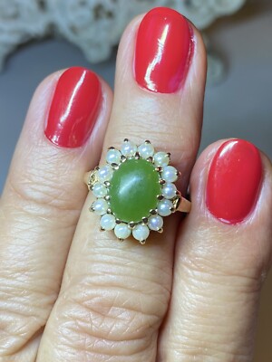 Vintage Green Jade Pearl 14K Yellow Gold Halo Ring