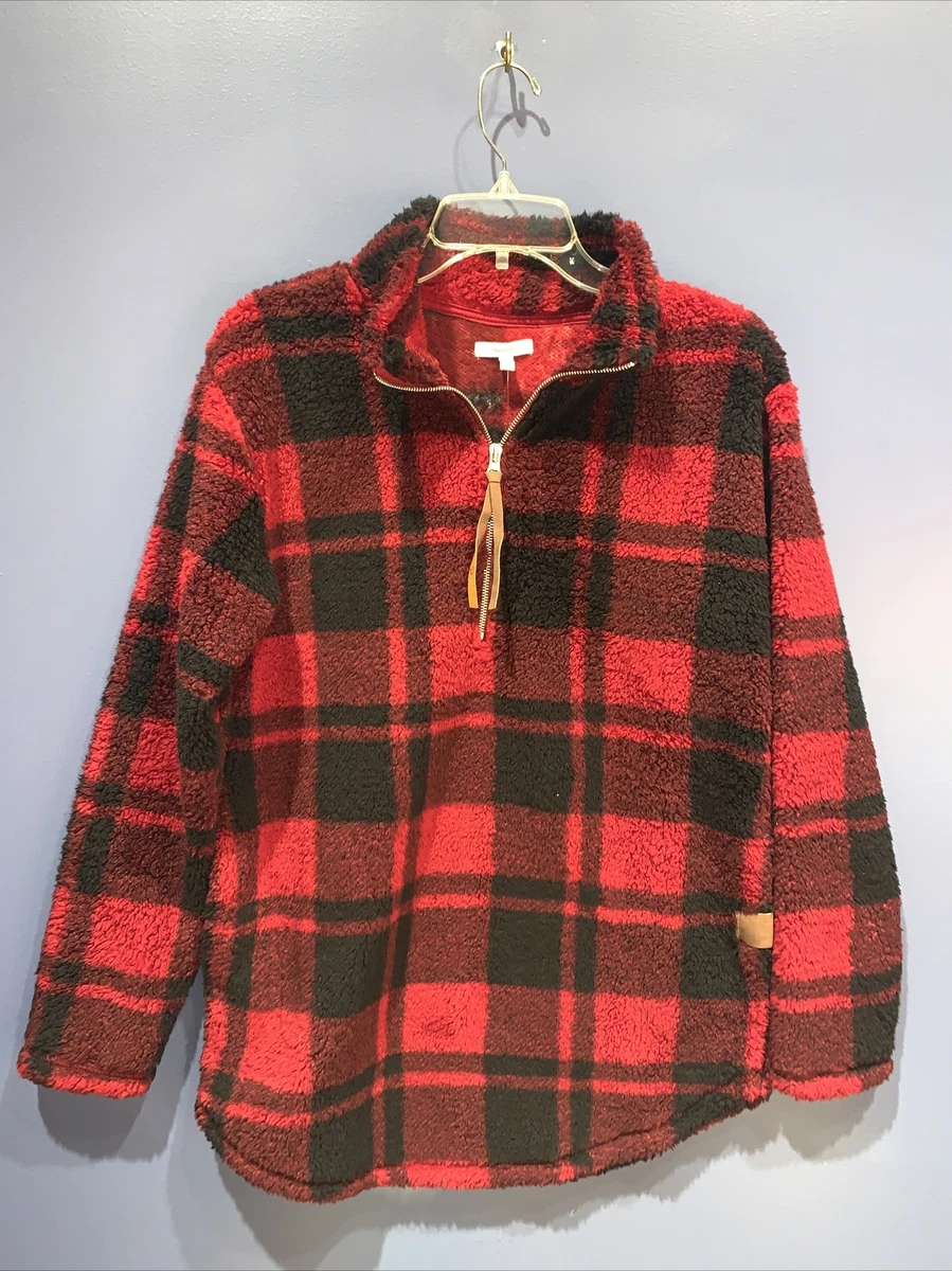 MAURICES Womens Fleece Sweater Sz Small Red Black Plaid Long