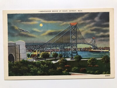 1930 Ambassador Bridge At Night Detroit Michigan Postcard