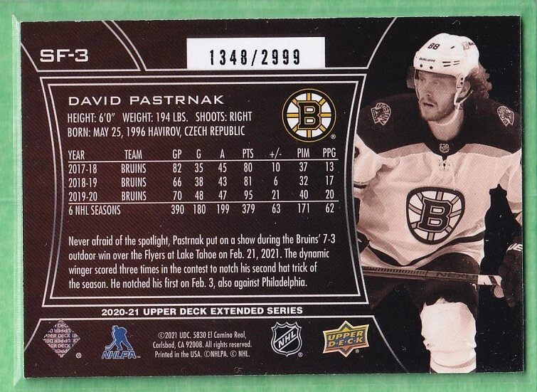 2020-21 UD Extended Series SPx Finite #SF-3 David Pastrnak 1348/2999 Bruins - Image 2 of 2