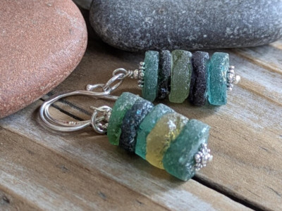 Roman Glass and Hill Tribe Fine Silver Artisan Earrings, Roman Glass Jewelry
