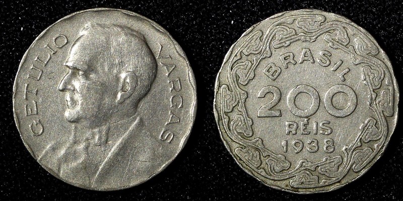BRAZIL Copper-Nickel 1938 200 Reis Getúlio Dornelles Vargas VF KM# 545 (27 771)