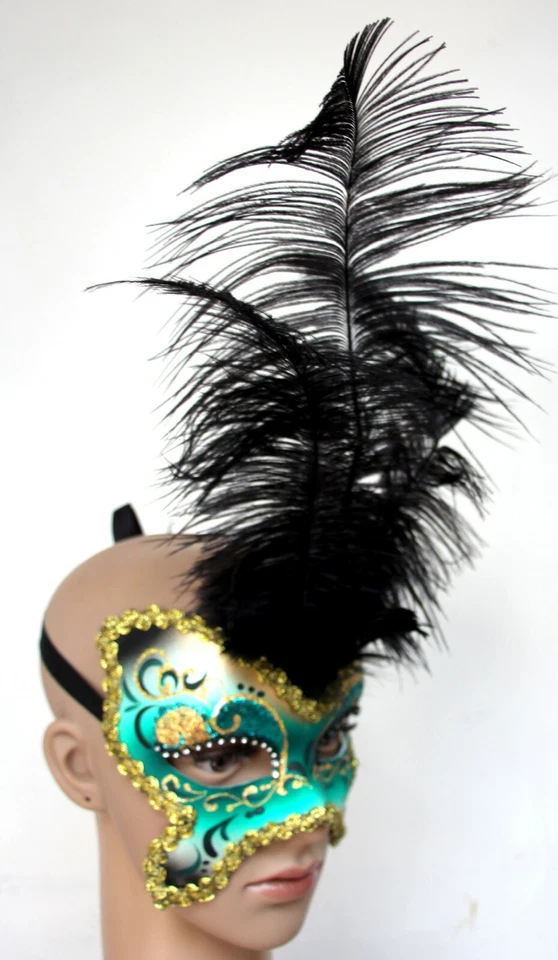 PIER 1 VENEZIA ITALY HANDPAINTED MASQUERADE BLACK FEATHER GREEN GOLD MASK w LACE - Image 4 of 4