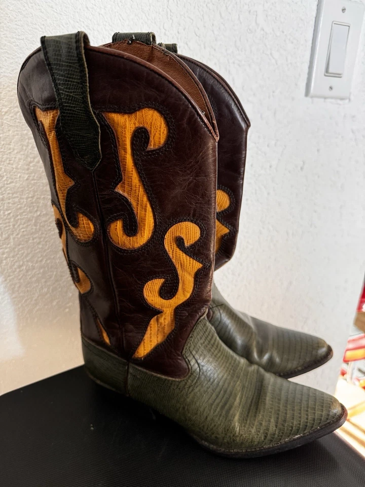 Vintage Nine West Romnee Leather Cowboy Western Boots Green Brown Yellow 7M - Image 2 of 4