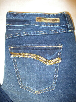 Express Stella Low Boot Stretch Womens Blue Jeans Size 8 x 32 Flap Pockets Mint
