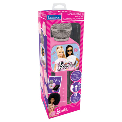 LEXIBOOK, Barbie, Reproductor Digital Karaoke portátil para niños, Micrófonos, Efectos de luz, Bluetooth®, Funciones de grabación y Cambiador de Voz, Rosa, MP320BBZ