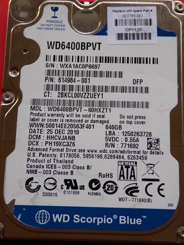 Western Digital WD6400BPVT-60HXZT1 | HHCVJANB | 25 DEC 2010 | 640GB #05