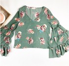 Altar’d State Floral Bell Sleeve Blouse Jade Bohemian V Neck Size Small 