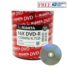 100 Pack Ridata DVD-R 16X 4.7GB 120 Min Silver Logo Top Blank Recordable Disc