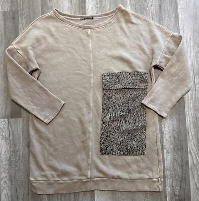 Beau Jours Medium Long Sleeve Sweatshirt Tan Big Pocket Cotton Made In USA