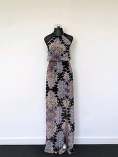 MNG Black Sheer Chiffon Floral Halter Backless Maxi Dress Boho Valentine Date XS