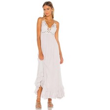 Free People Boho Lace Bodice Maxi Dress XS Light Gray Strappy Back Ruffle Hem