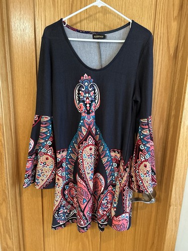 Reborn Psychedelic Retro Groovy Paisley Bell Sleeve Mini Dress 1XL
