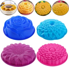 DEAYOU 4 Pack Flower Shape Silicone Cake Molds, Non-Stick Bread Pie Flan Tart Ba