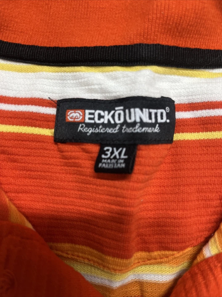 ВИНТАЖНЫЙ Ecko Unltd мужской поло коротким рукавом рубашка 3XL синий в полоску логотип - Изображение 4 из 4