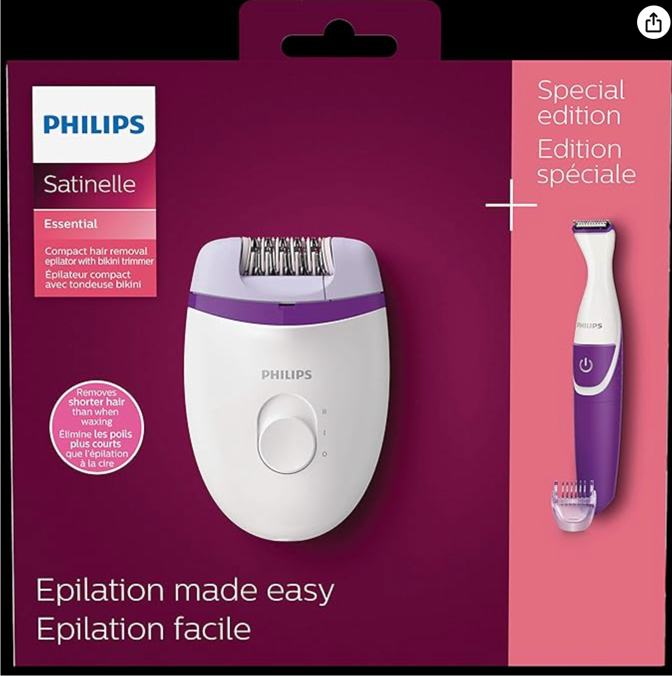 Philips Satinelle Essential Corded Compact epilator with Bik