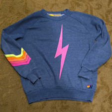 Aviator Nation Blue Crewneck Fleece Sweatshirt Rainbow Sleeve Lightning Bolt S