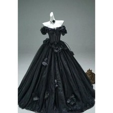 Gothic Prom Dress Black Off-Shoulder Corset 3DFloral Victorian Evening Gowns