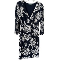 Lauren Ralph Lauren Floral Midi Dress Sz 4 Navy White Floral Faux Wrap Stretch