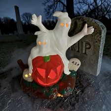 De colección 1979 Iluminado Cerámica Halloween Cerámica Calabaza Fantasma Esqueleto Jack-o-Lanter