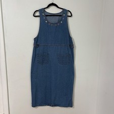 Vtg Denim Jumper Dress Floral Embroidery Cottagecore Blue Pockets Maxi Sz Large