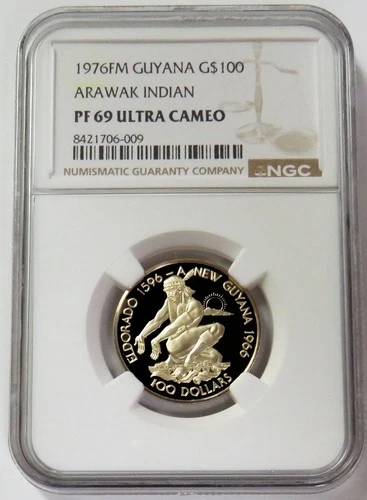 1976 FM GOLD GUYANA $100 ARAWAK INDIAN NGC PROOF 69 ULTRA CAMEO
