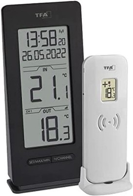 TFA Dostmann Funk Thermometer Innen Außen Funkuhr Datum schwarz