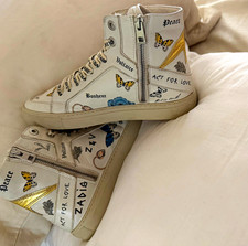 Zadig  Voltaire White Leather High Top Sneakers Gold Zip Lace Floral Butterfly