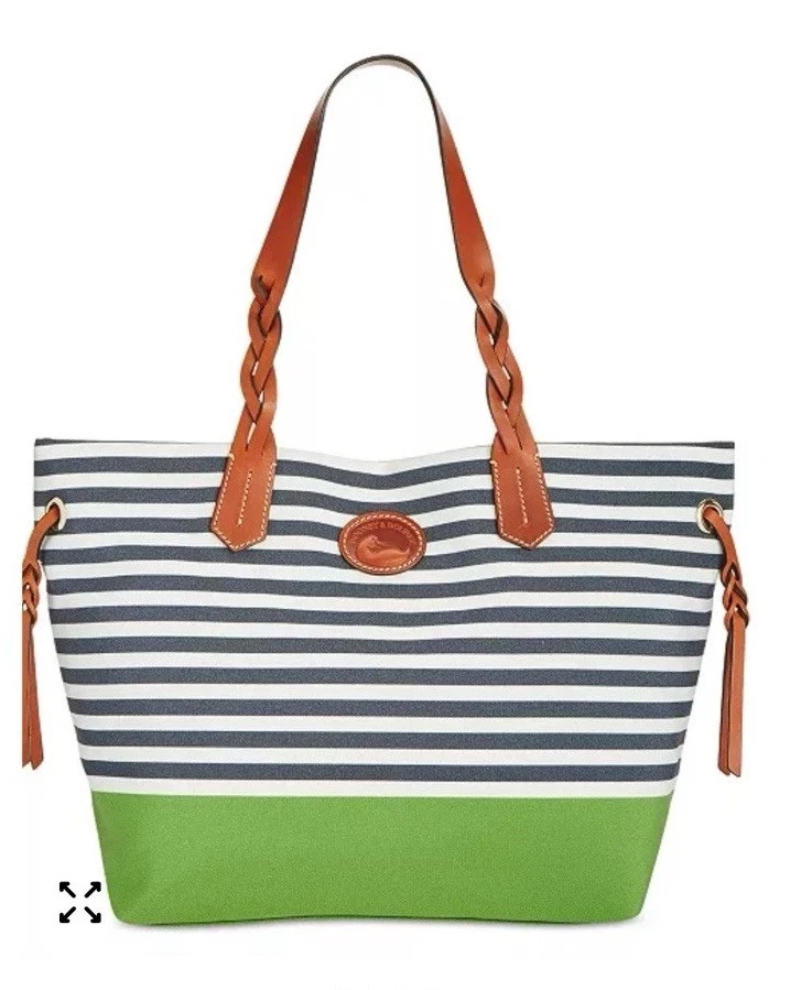 Bolso Shopper DOONEY & BOURKE Nylon Verde/Azul Marino Rayas, Asas de Cuero, Nuevo Foto 3 de 4