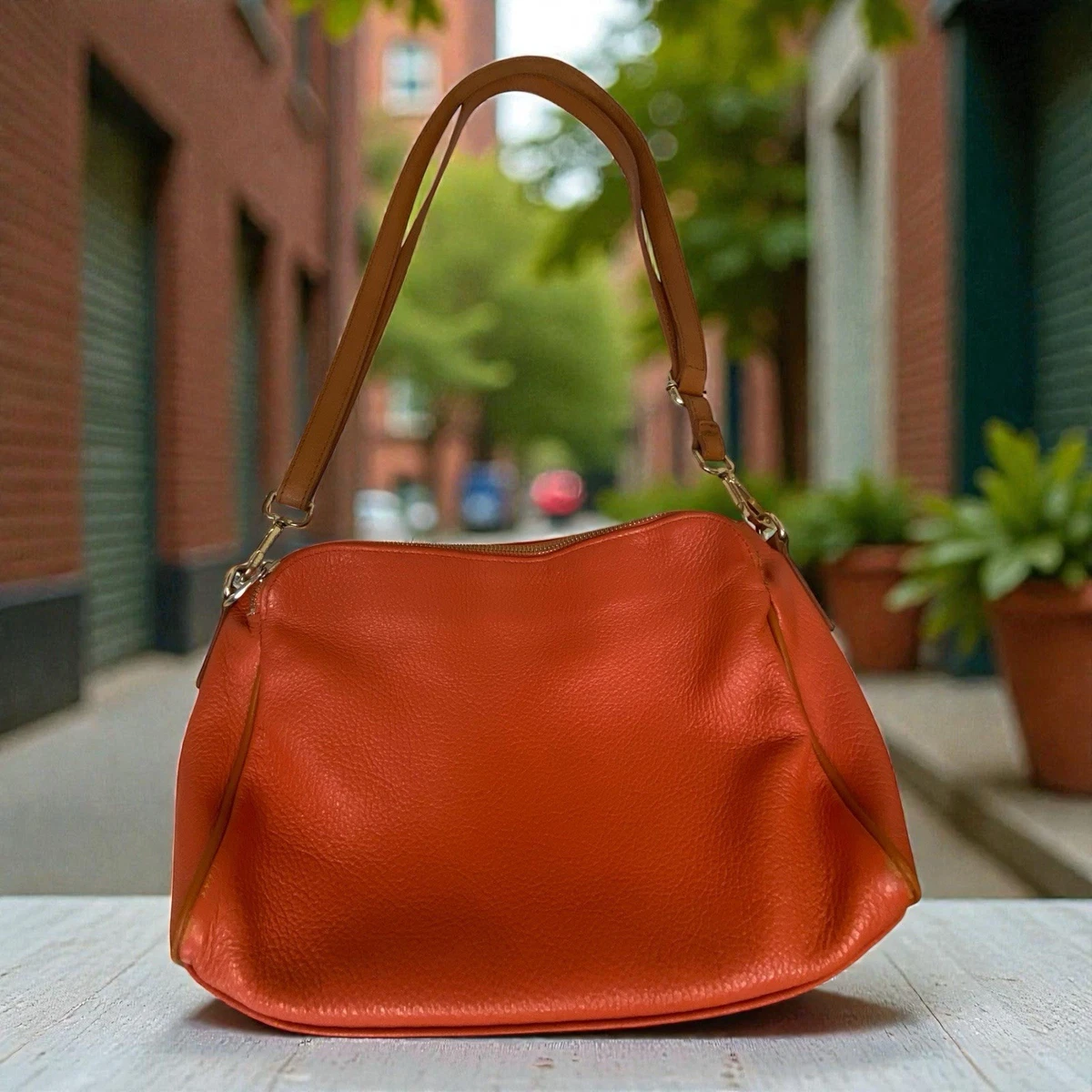 NWT VALENTINA Genuine Pebble Leather Backpack-Shoulder Bag-Purse-Burnt Orange Valentina Italian Pebbled Leather Sling Bag Backpack... | Depop main image 2