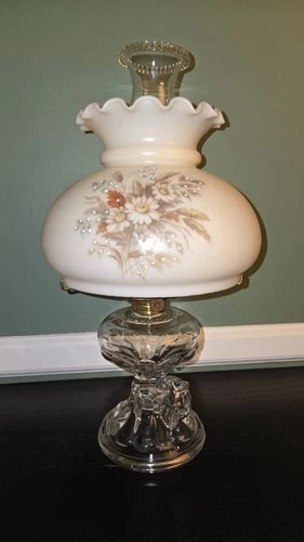 Antique Oil Lamp Hand Painted Milk Glass Shade Manganese Glow Crystal Base