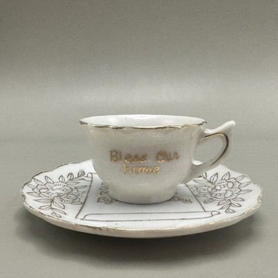 Vintage Japan Miniature Cup Saucer Bless Our Home Gold Trim Christian Decor