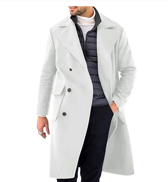 Men Mid-length Woolen Jacket Trench Coat Outwear Formal Work Casual Peacoat