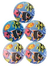 LaVie Set of 5 Round Metal & Cork Coasters Colorful Tropical Fish