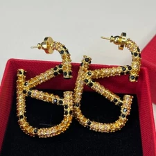 VALENTlNO Crystal Fashion Pave Geometric Gold Statement Hoop Earrings