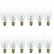 12Pack E12 Torpedo Tip Light Bulb, 25W, 2600K, Crystal Clear Candle Light, B10