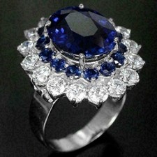 4Ct Oval Cut Lab Created Blue Sapphire Halo Engagement Ring14K White Gold Plated