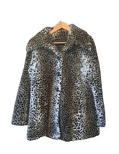 Karen Kane Snow Leopard Print Faux Fur Over Coat Women's Size L/16 Long Sleeve
