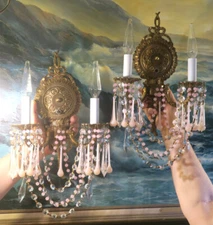 PR Vintage crystal Sconce bronze brass lamp Rose Pink opaline prism Spain France