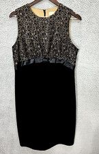 Michael Kors Dress 12 Black Gold Lace Sheath Satin Waist Quiet Luxury Elegant