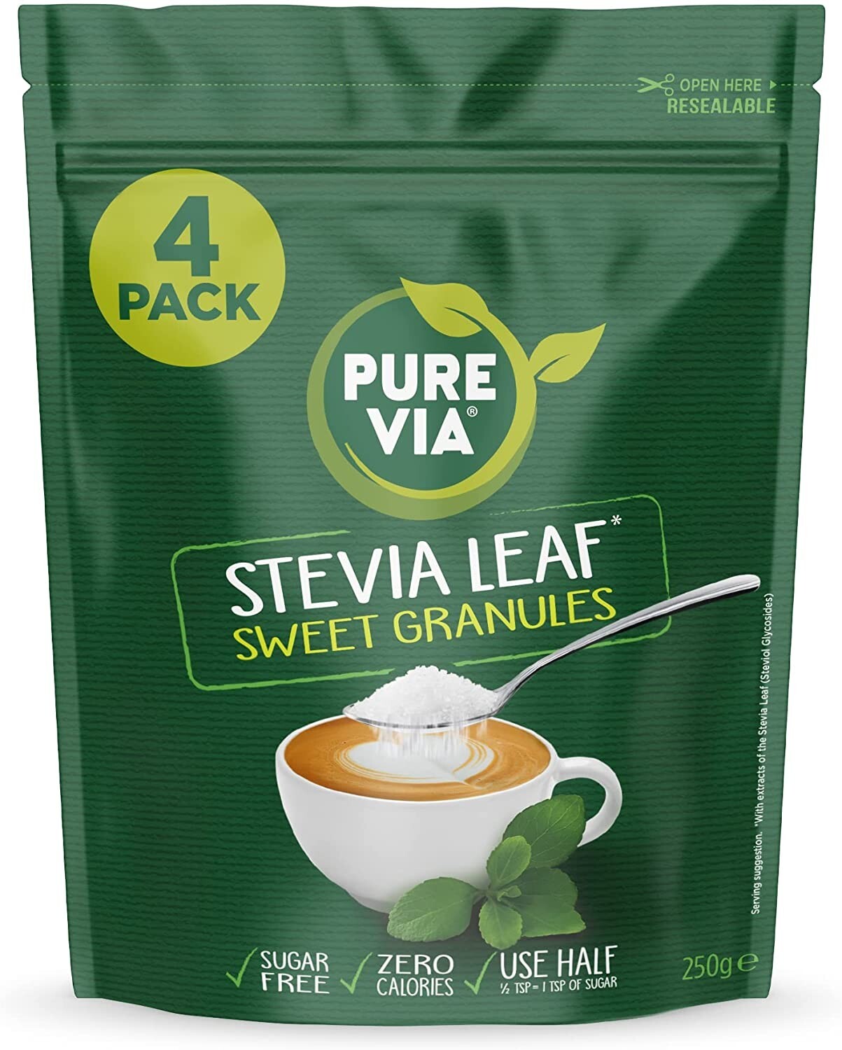 Pure Via Stevia Leaf Sweet Granules 4x250g - Zero Calorie Natural Sweetener