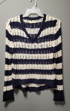 ELAN Blue And White Stripes Size Large Long Sleeve Open Knit Sweater