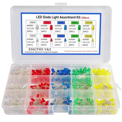 300pc 3Mm 5Mm LED Light Emitting Diode White Red Blue Green Yellow Assorted Kit - Picture 10 of 12
