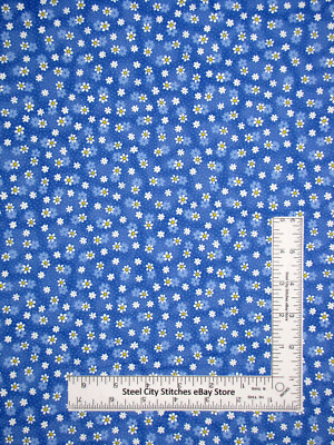 Floral Small Daisy Flower Toss Blue Fabric By the Yard Cotton Traditions