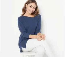 Attitudes by Renee Washed Cotton Asymmetric Neck Top-Navy-Medium-NEW-A472242