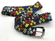 Seed Bead Belt Geometric Multicolor Silvertone Buckle Boho 43" Adjustable