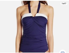 Anne Cole Women's Color Block Solids V-Wire Tankini Top Large Navy Blue White