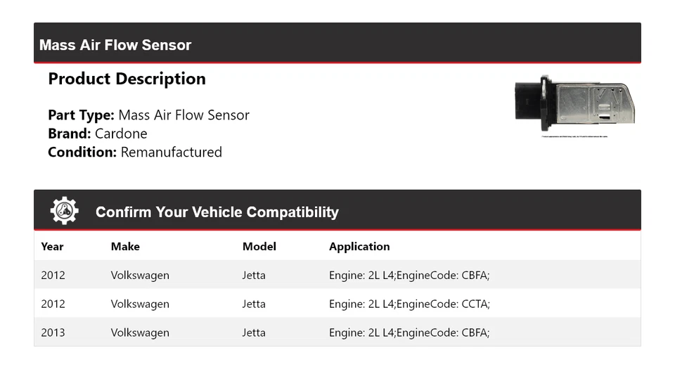 适用于 2012 - 2013 年大众捷达 2L L4 大众气流传感器 Cardone — 第 2/4 张图片